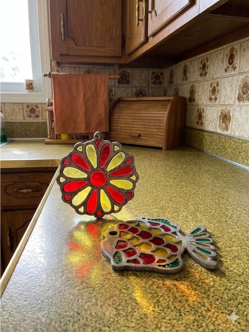 Pair of Vintage Stained Glass Trivets Fish and Flower 
Retro 70s Kitschy